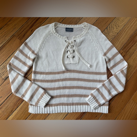 Wooden Ships Palmer Laced Sweater White/Tan Stripe Women’s Size S/M - Picture 2 of 11